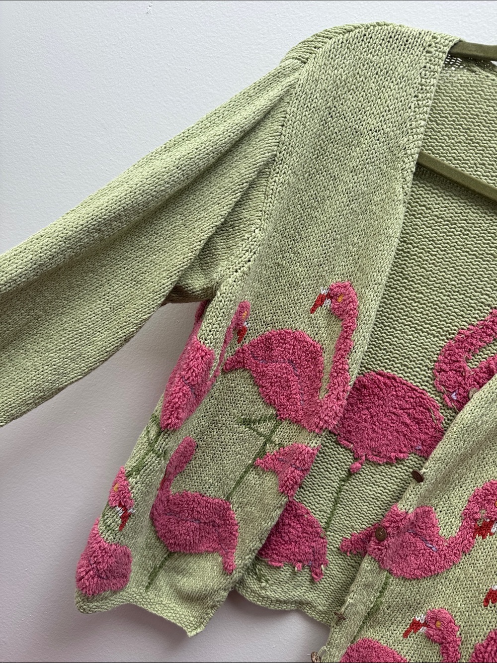 VTG Knit by Hand David Brooks Fuzzy Flamingo Linen Blend Cardigan Sz XL Beachy - Picture 2 of 6